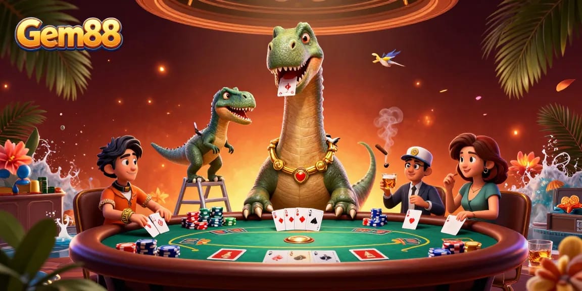 Experience gaming magic with Gem88 at a vibrant casino table featuring exciting characters.