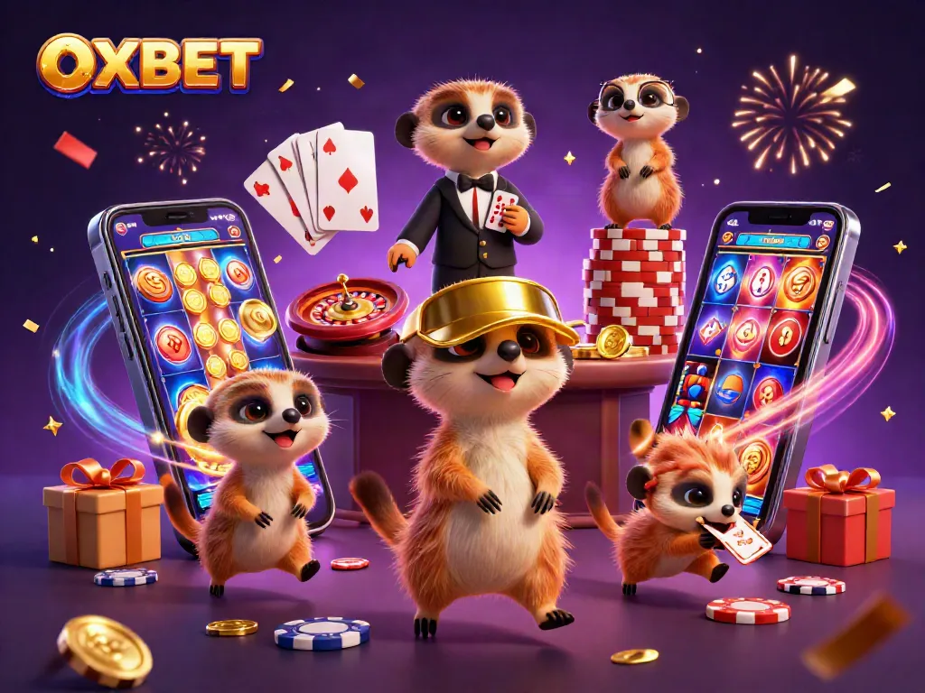 Experience the thrill of OXBET with playful meerkats managing an exciting casino scene filled with games and prizes.