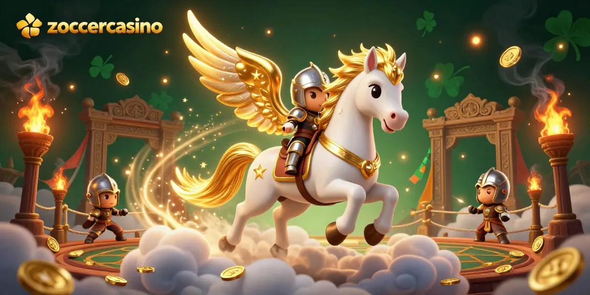 ZoccerCasino offers dynamic gameplay experiences with a starry-themed knight riding a celestial horse amidst gold coins and fiery effects.