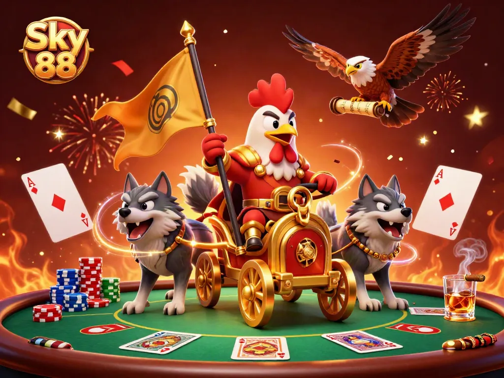 Engage with Sky 88's thrilling casino experience featuring a rooster warlord, chariot, and vibrant poker elements.