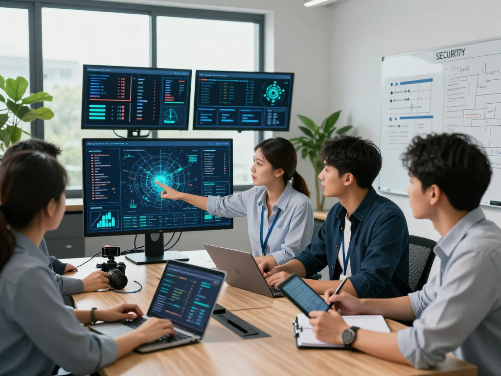 Daten- und IT-Sicherheit Dienstleistung team collaborating on cybersecurity strategies in a modern office space.