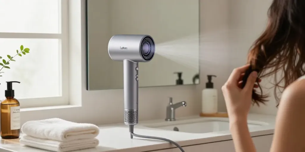 Stilvoller Badezimmerbereich mit dem Laifen Air Pro Haartrockner und einem Benutzer beim Styling.