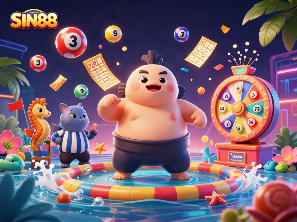 Engage in thrilling gameplay at SIN88 with exciting lottery balls and vibrant casino elements.