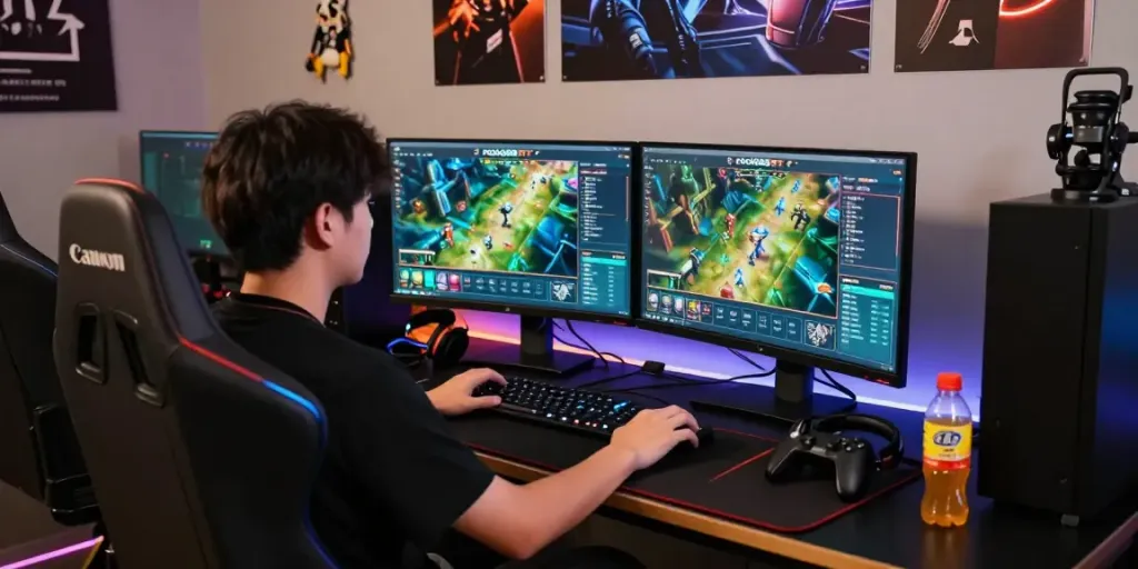 Engaged gamer focusing on rokok88 rtp interface in vibrant gaming setup.