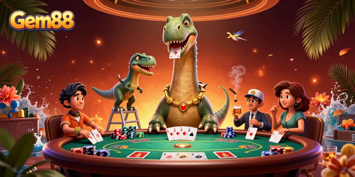 Experience gaming magic with Gem88 at a vibrant casino table featuring exciting characters.