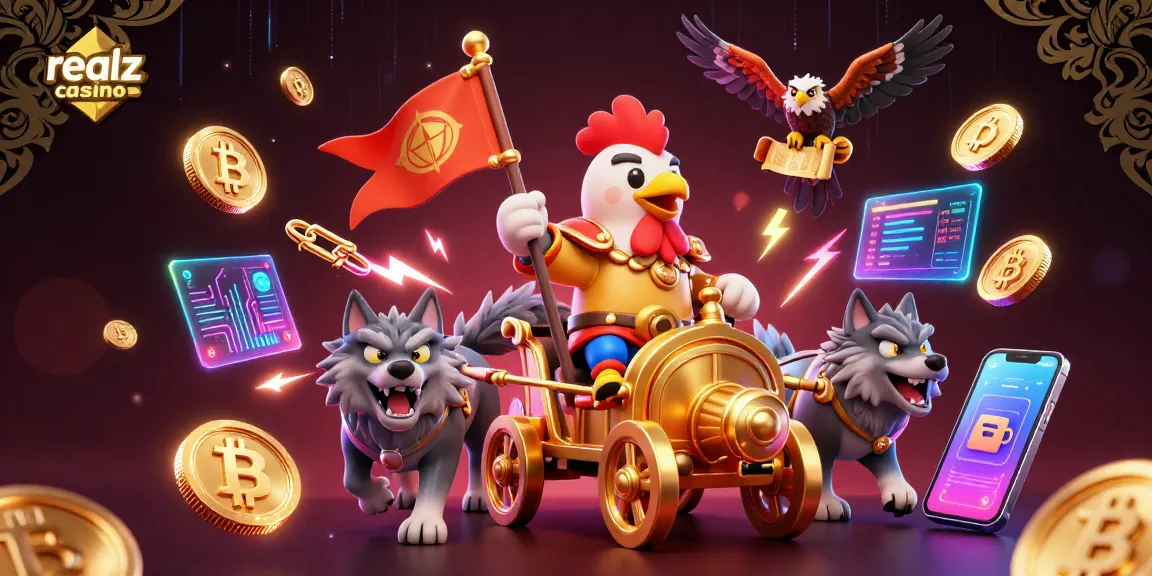Engage with the vibrant realz casino scene featuring a rooster warlord and crypto elements.