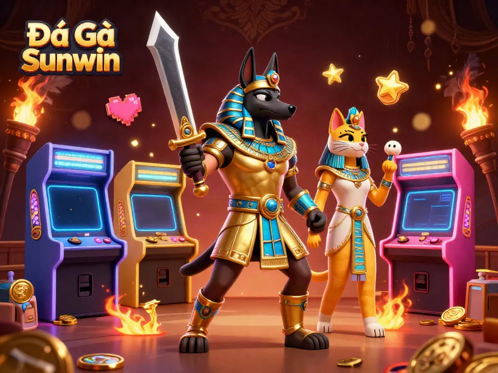 Engaging Đá Gà Sunwin scene featuring Anubis with a golden khopesh in a dynamic cockfighting arena.