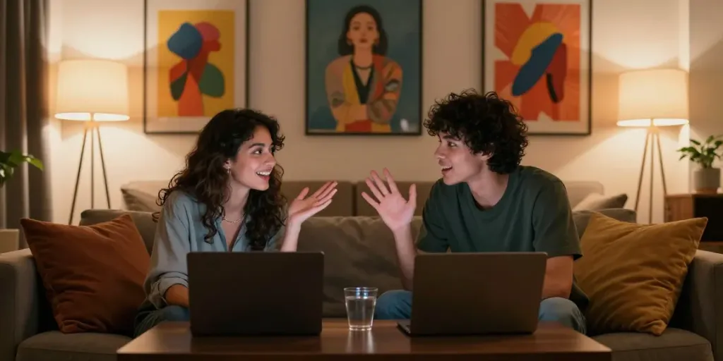 Engaging sex chat scene in a cozy digital lounge with individuals connecting.