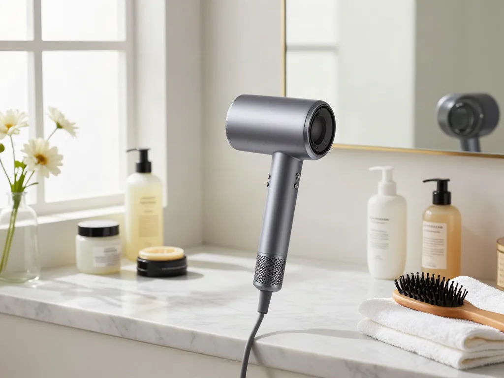 Föhn ohne Hitzeschäden auf Marmortisch mit Haarpflegeprodukten und natürlichem Licht.
