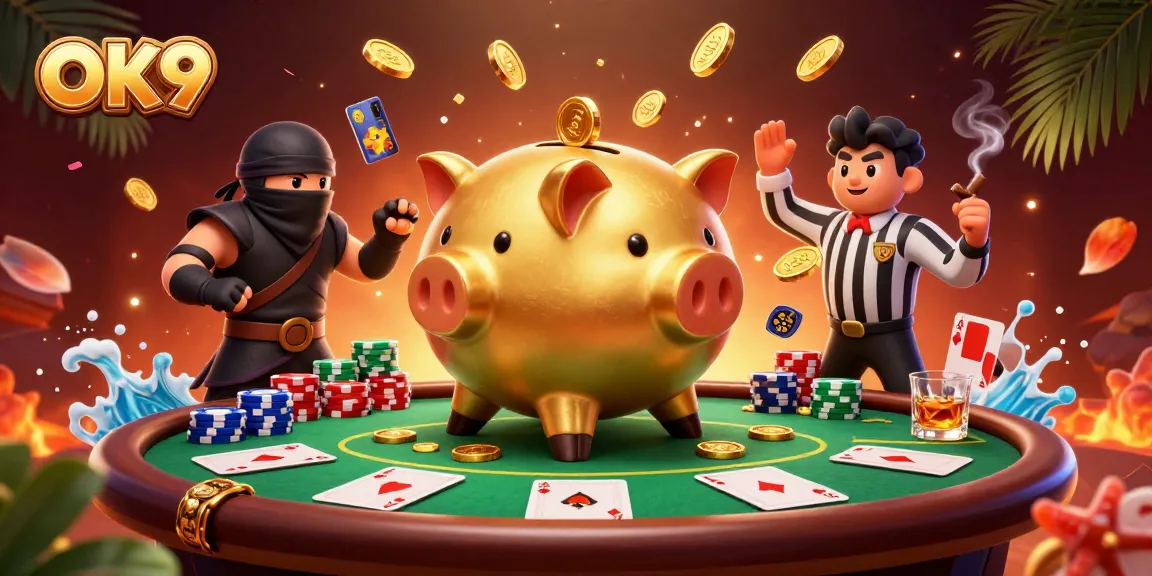 Engage with thrilling bets at OK9 featuring a dynamic showdown of a piggy bank sumo wrestler and ninja.