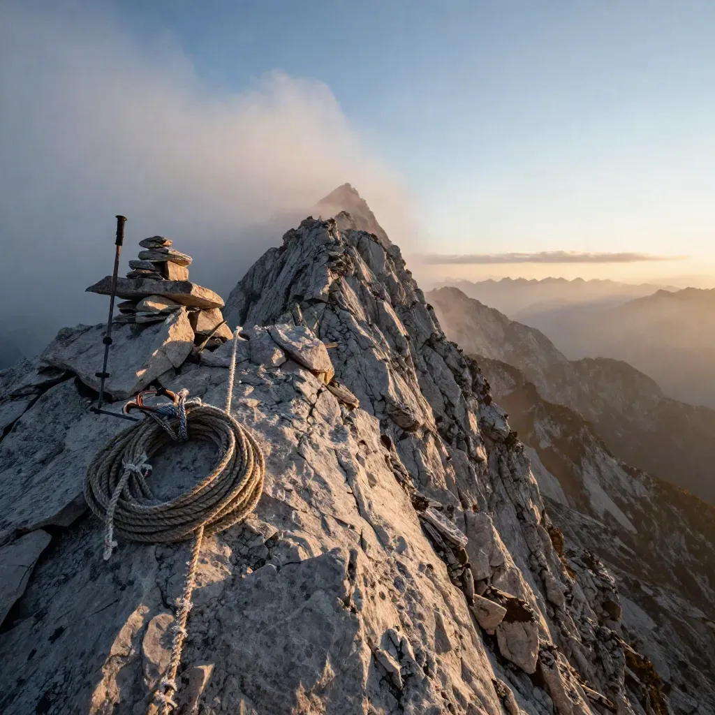 Seilschlinge, Helm und Wanderstöcke auf einem Gipfelgrat im ersten Licht der Wettersteinberge.