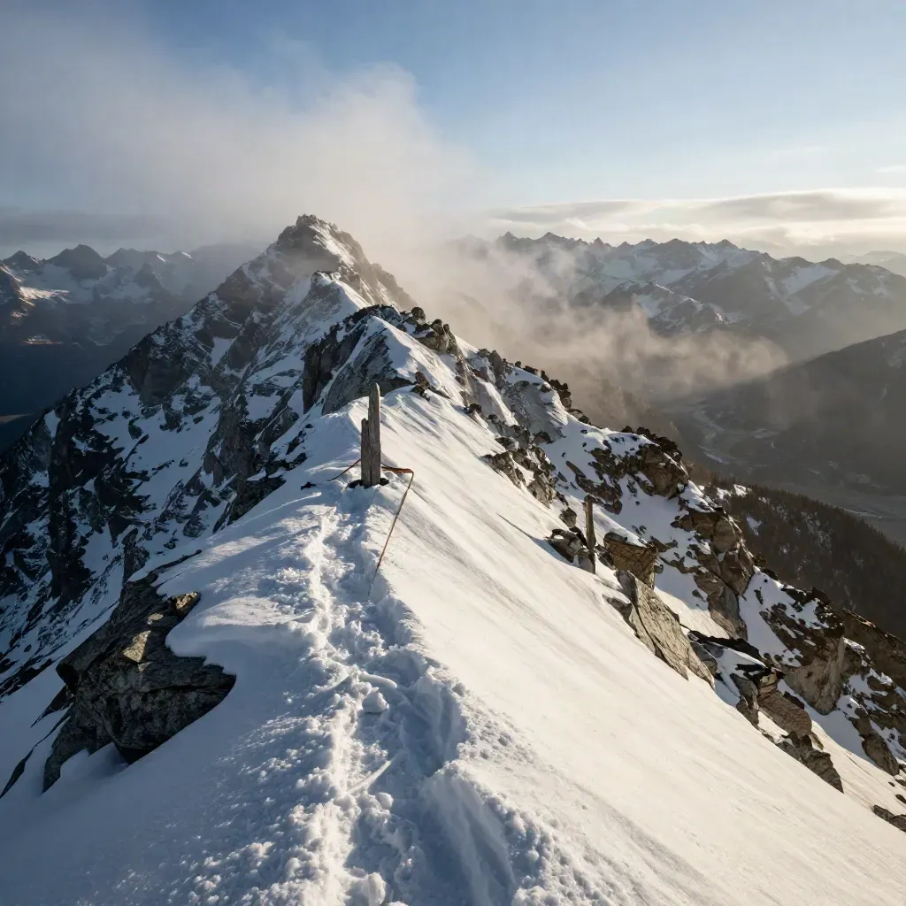 Steiler Gipfelgrat mit Seil, Steinmann und Talhütte im Schnee und Nebel.