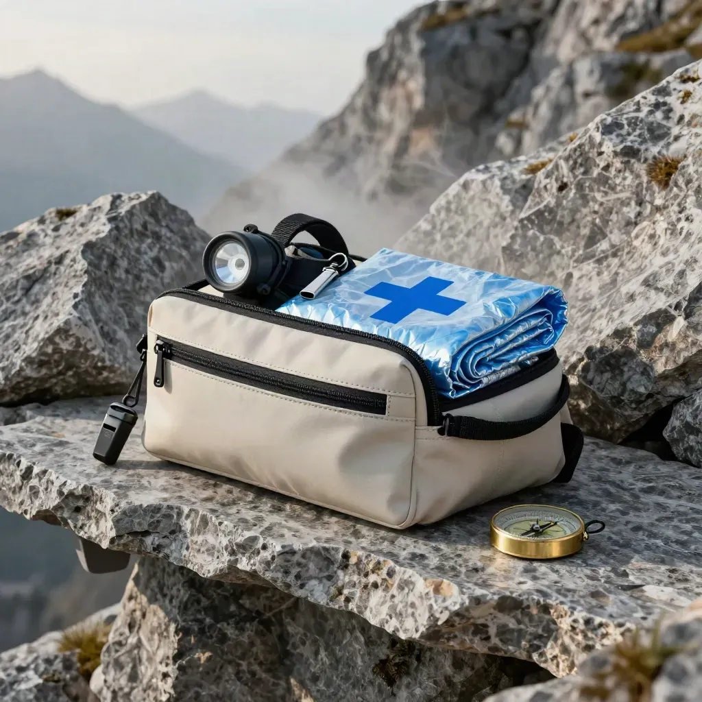 Berg-Sicherheitsset auf Fels mit Erste-Hilfe-Tasche, Rettungsdecke, Pfeife und Kompass im Nebel.