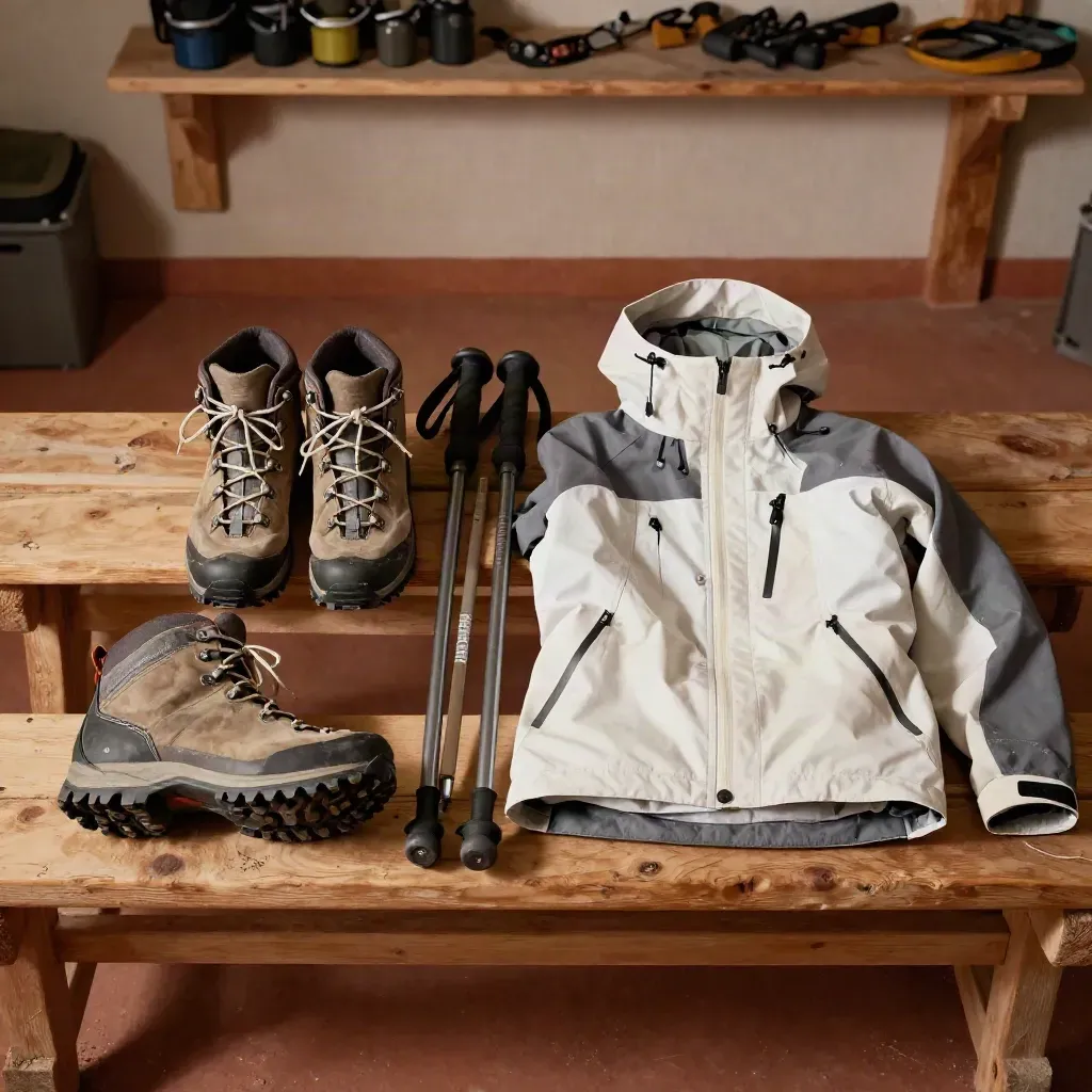 Ausrüstungscheck mit Wanderschuhen, Gamaschen, Stöcken und Shelljacke auf einer Werkbank