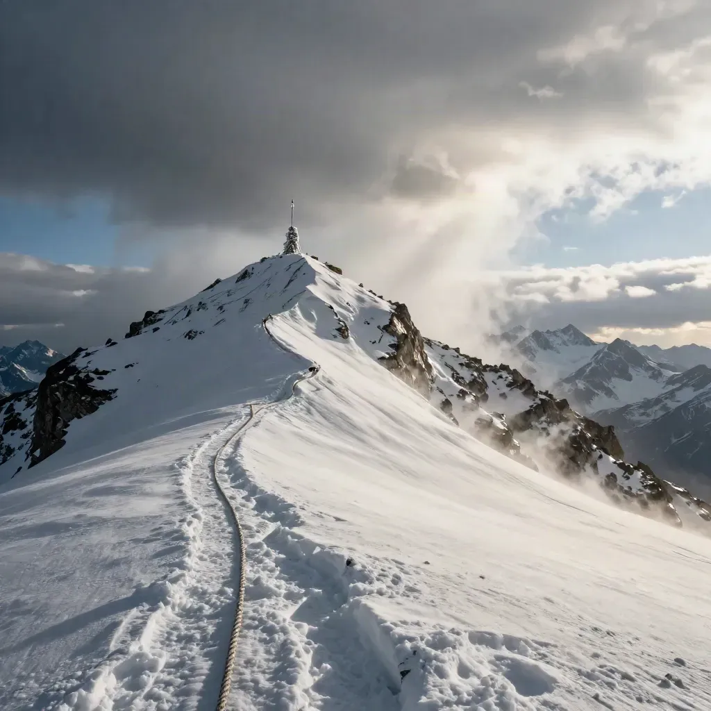 Windiger Zugspitze-Gipfel mit Seil, Gipfelstein und vereisten Markierungsstangen