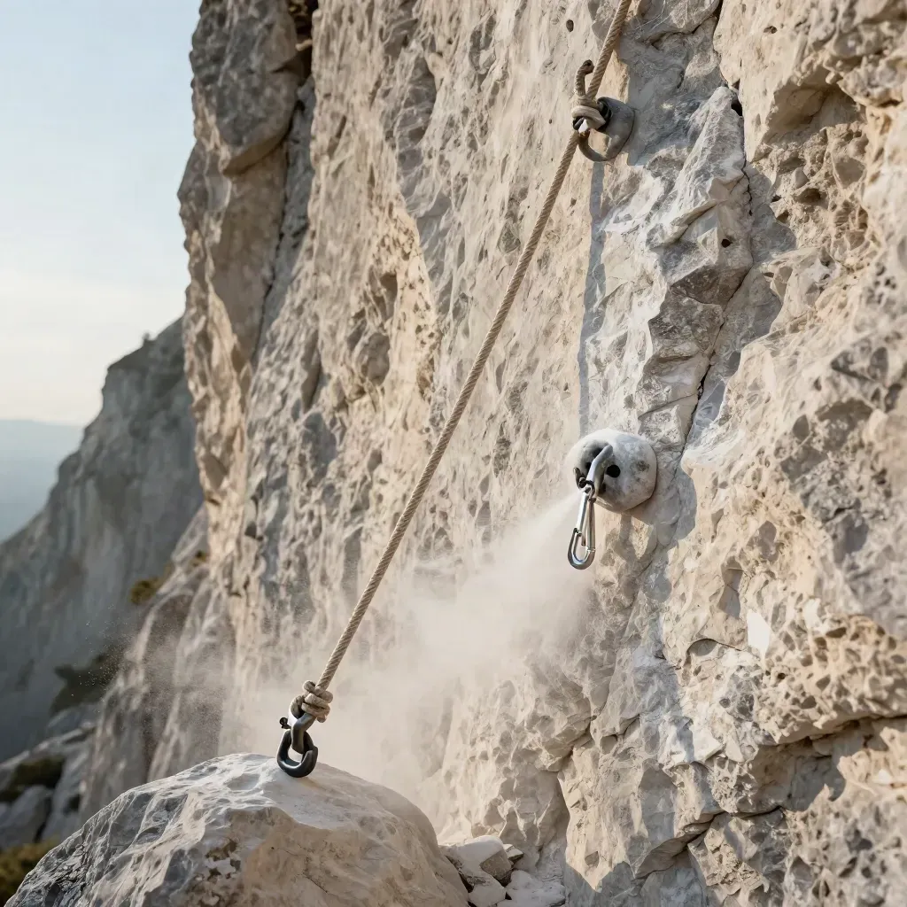 Seil und Karabiner an einer Kalkfels-Trainingswand mit Kreidestaub
