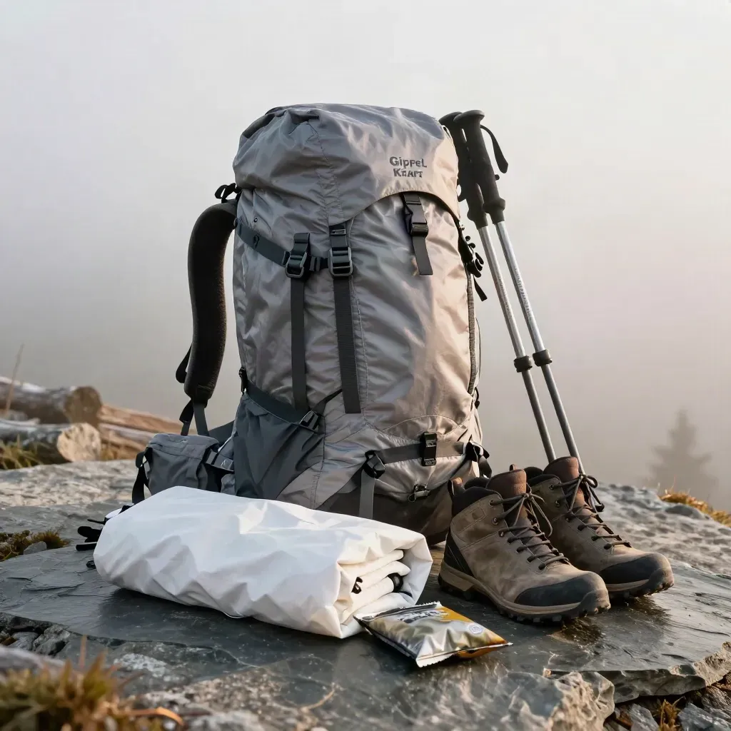 Trekking-Rucksack, Stöcke, Regenjacke, Proviant und Bergstiefel im Morgennebel