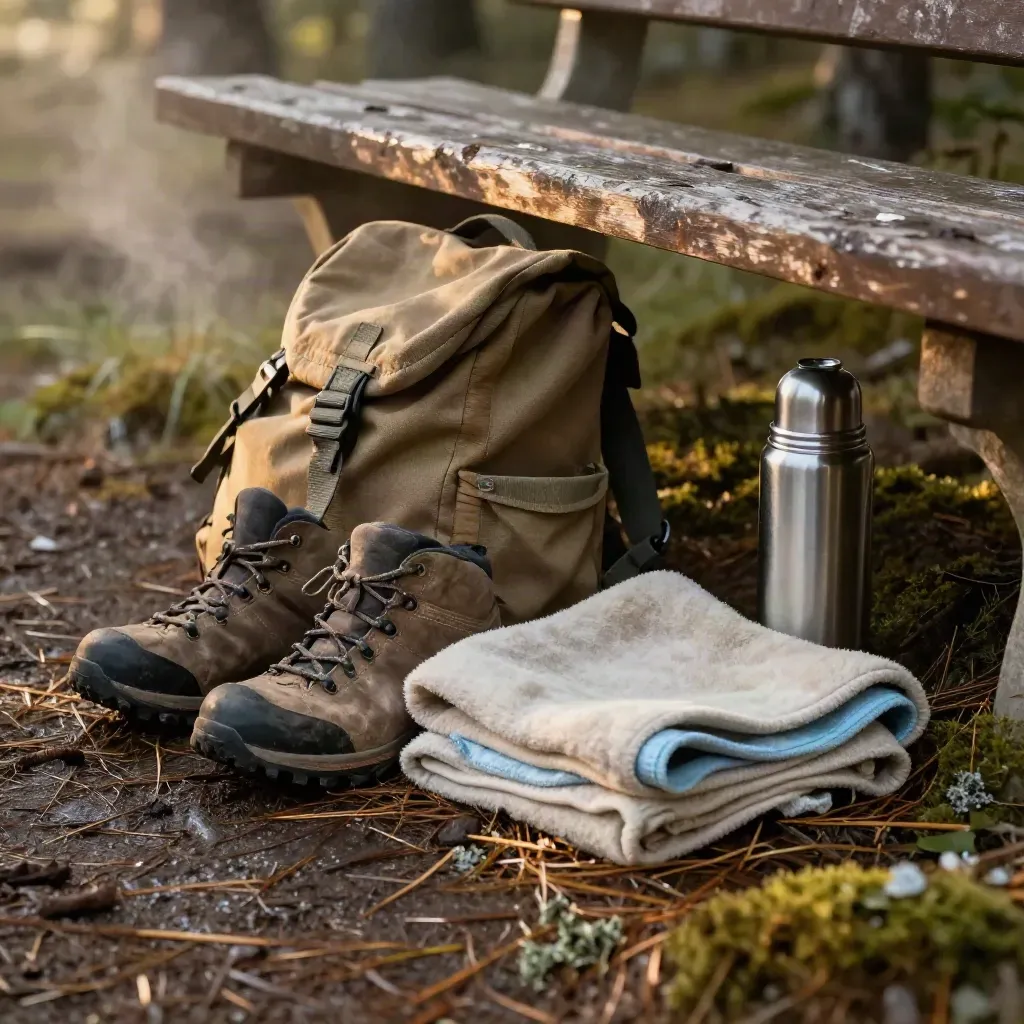 Nahaufnahme von Wanderschuhen, Thermoskanne, Decke und Rucksack an einer Waldpause.