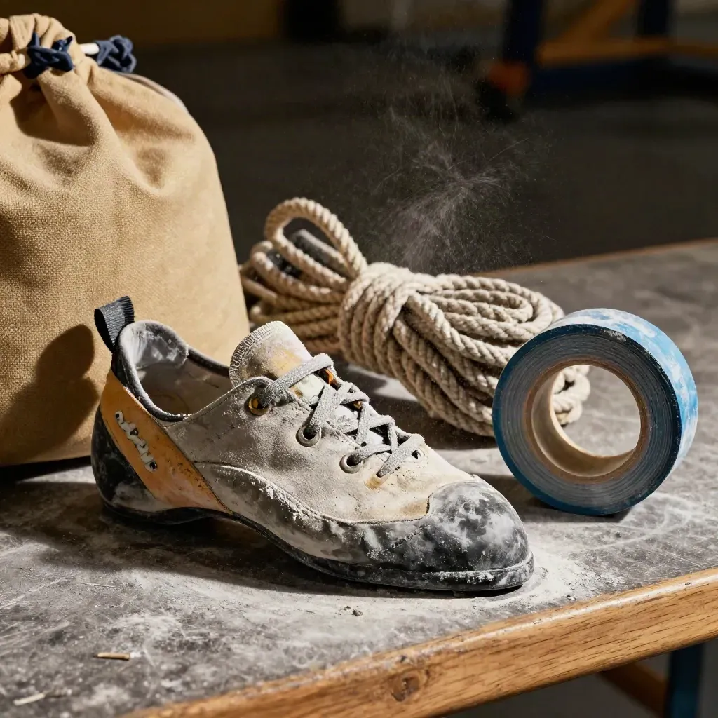 Makro eines abgenutzten Kletterschuhs, Chalkbag, Seil und Tape auf einer Werkbank