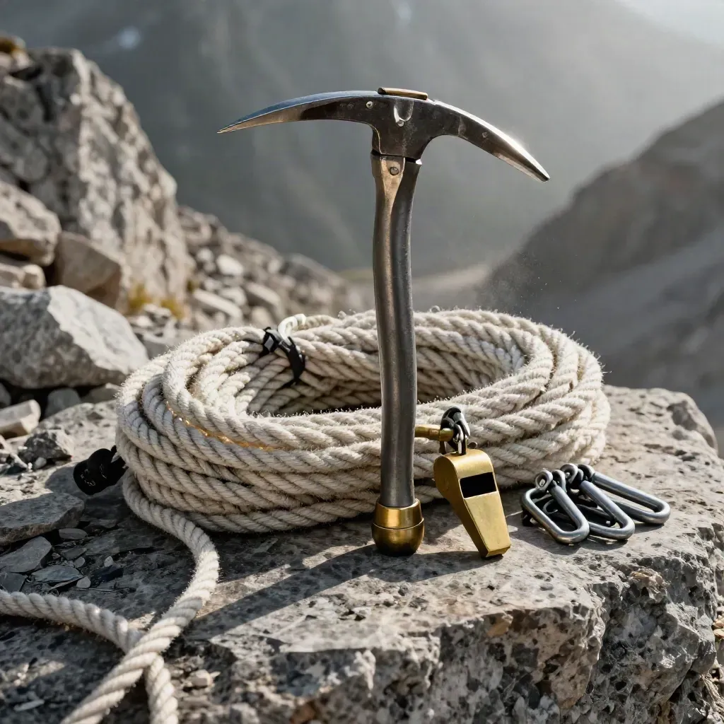 Eispickel, Seil, Pfeife und Karabiner auf Fels am alpinen Trailhead.