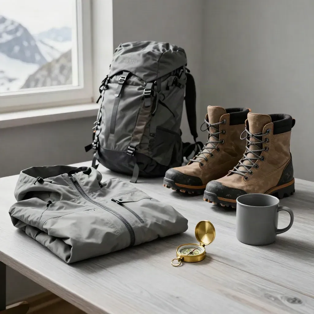 Kompass, Jacke, Rucksack und Bergschuhe auf heller Holzfläche mit Becher