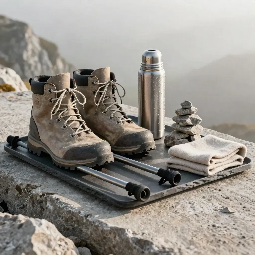 Wanderstiefel, zusammengelegte Stöcke, Thermoskanne und Steinstapel am Bergstart im Morgendunst
