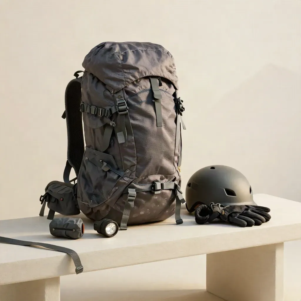 Packter Alpinrucksack mit Helm, Notbivy, Stirnlampe und Handschuhen auf hellem Stein.