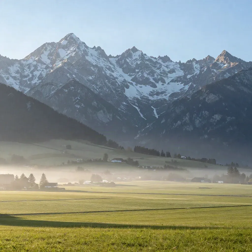 Zugspitze und Wetterstein über nebligen Almen im Morgenlicht