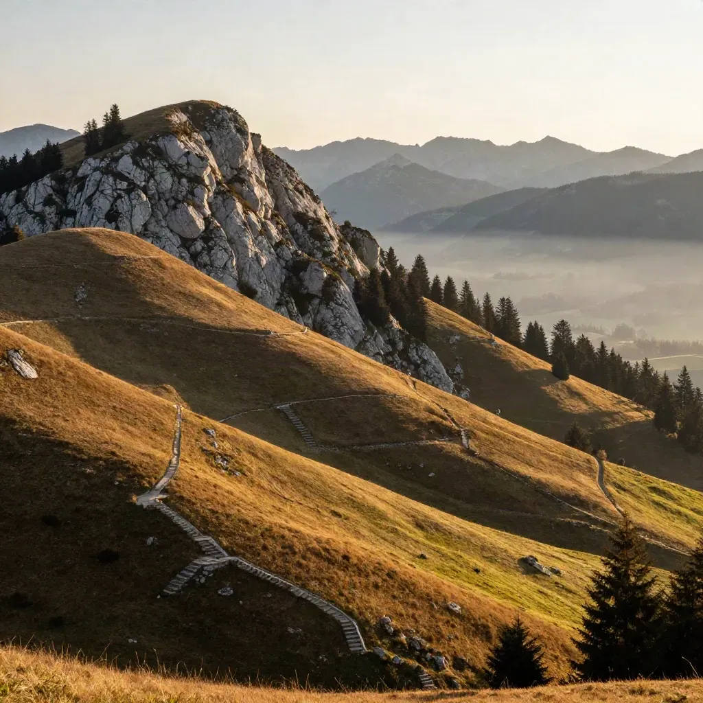 Goldene Allgäu-Panoramalandschaft mit Grünten, Terrassenweiden und hellen Kalkrippen.