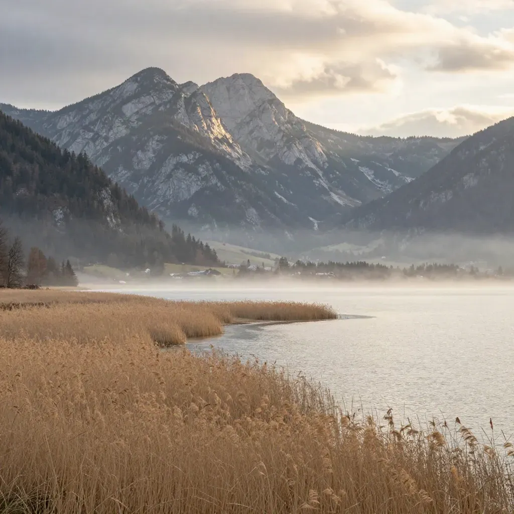 Blick über die Chiemsee-Bucht zu den Chiemgauer Alpen im silbrigen Dunst