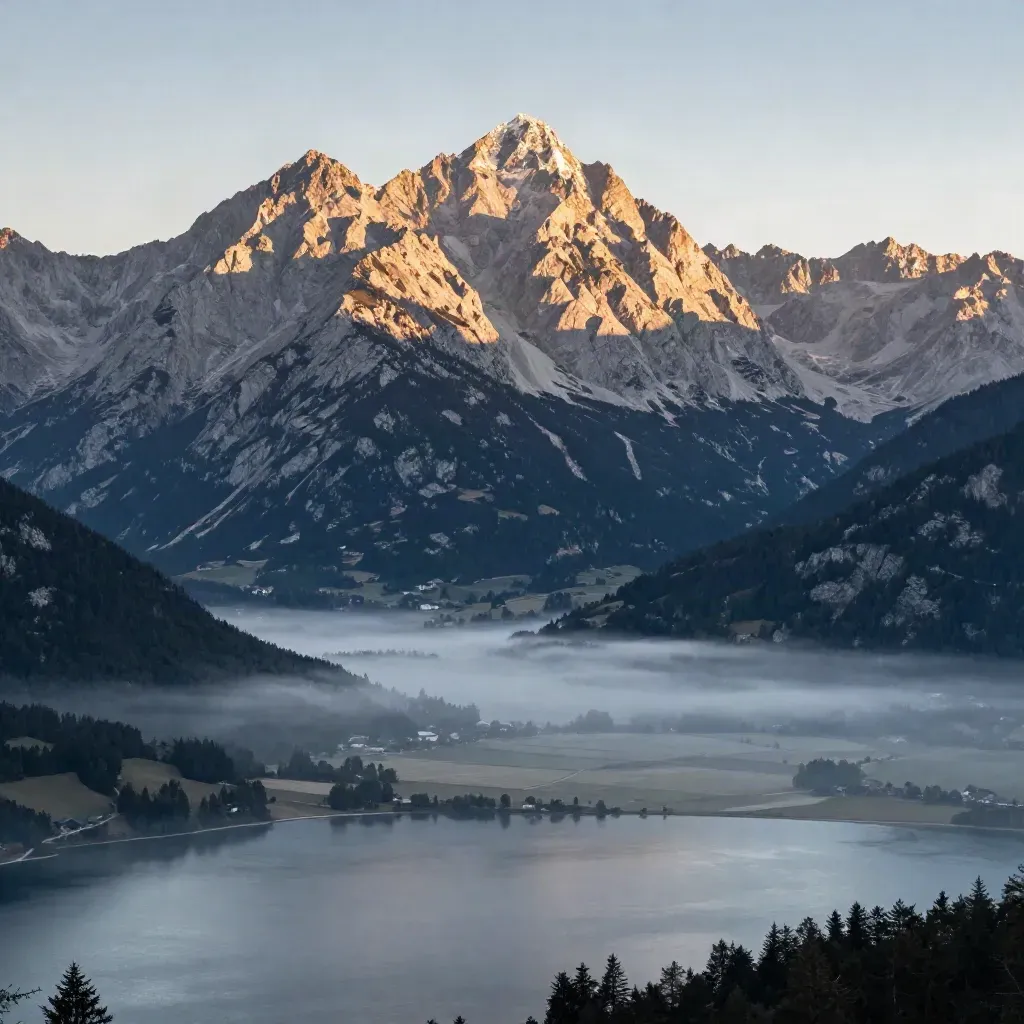 Watzmann über dem Königssee im Abendlicht, der Talkessel liegt ruhig im Dunst.