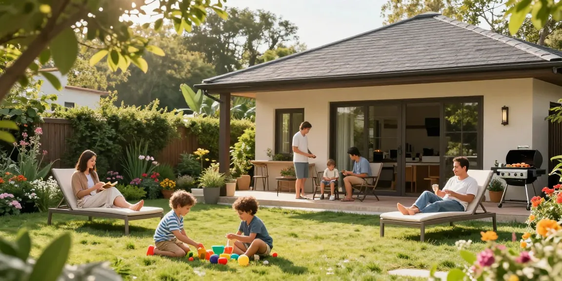 Freistehende Terrassenüberdachung im Garten, Familie genießt den sonnigen Tag.