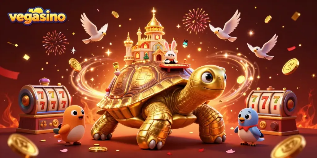Engage with vegasino's vibrant casino scene featuring a golden tortoise and coins flying.