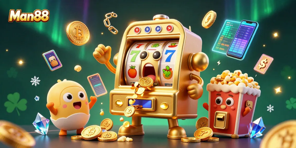 Experience thrilling wins with Man88’s vibrant casino scene featuring jackpot slot machines and glowing crypto elements.