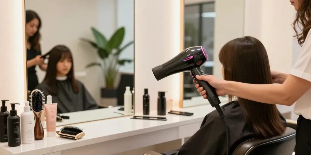 Ein Ionen Haartrockner wird im eleganten Schönheitssalon verwendet, um frisches Styling zu ermöglichen.