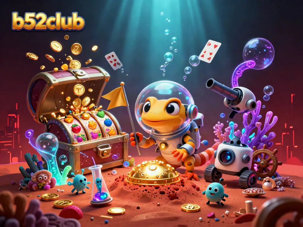 Engage in thrilling gaming action at b52club as Martian gecko explores a golden casino oasis.