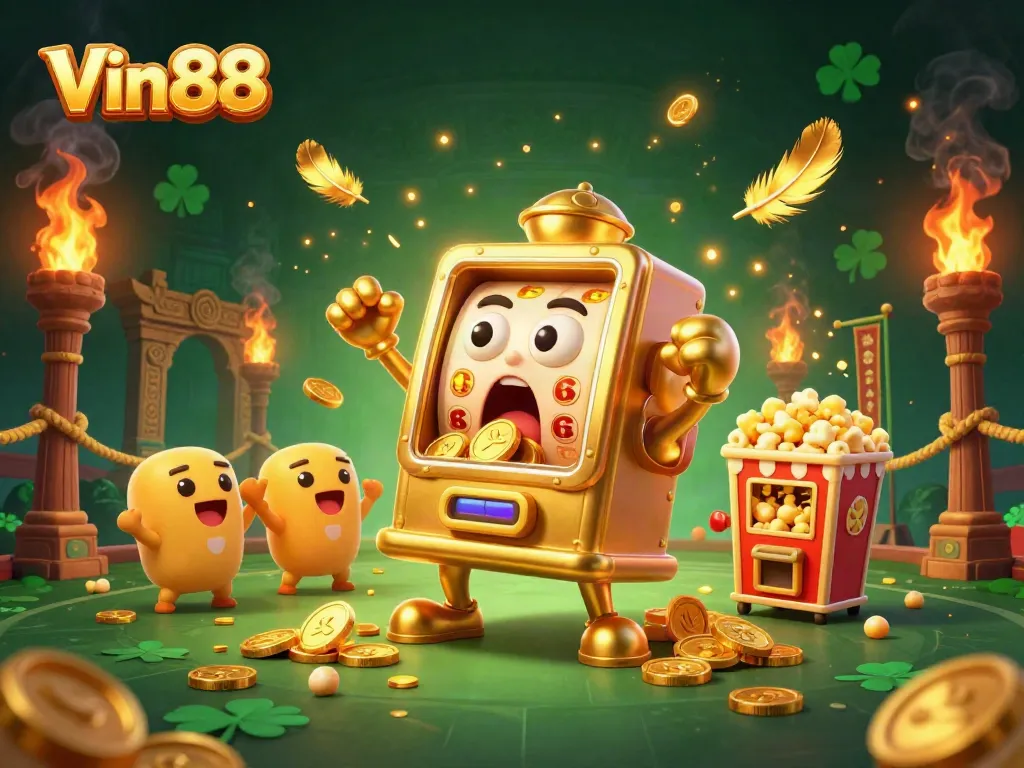 Engage with Vin 88 as the animated golden slot machine hits a jackpot amidst vibrant casino elements.