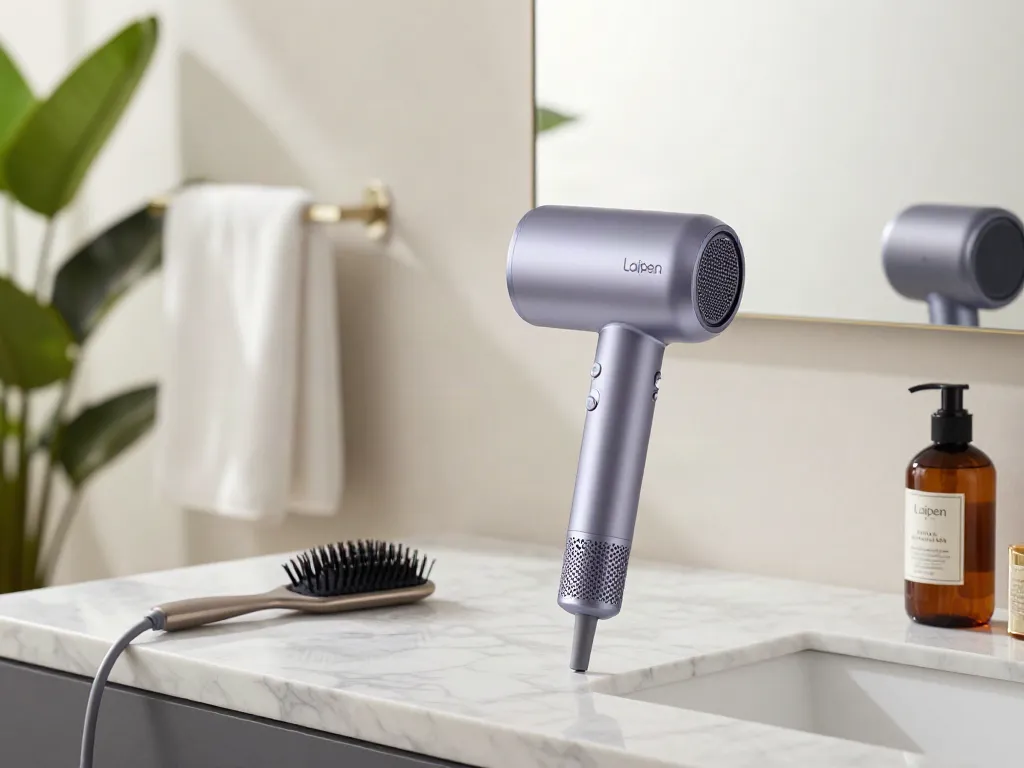Der Laifen föhn auf einem Marmorwaschtisch, umgeben von luxuriösen Haarpflegeprodukten und Pflanzen für eine elegante Haarpflegeroutine.