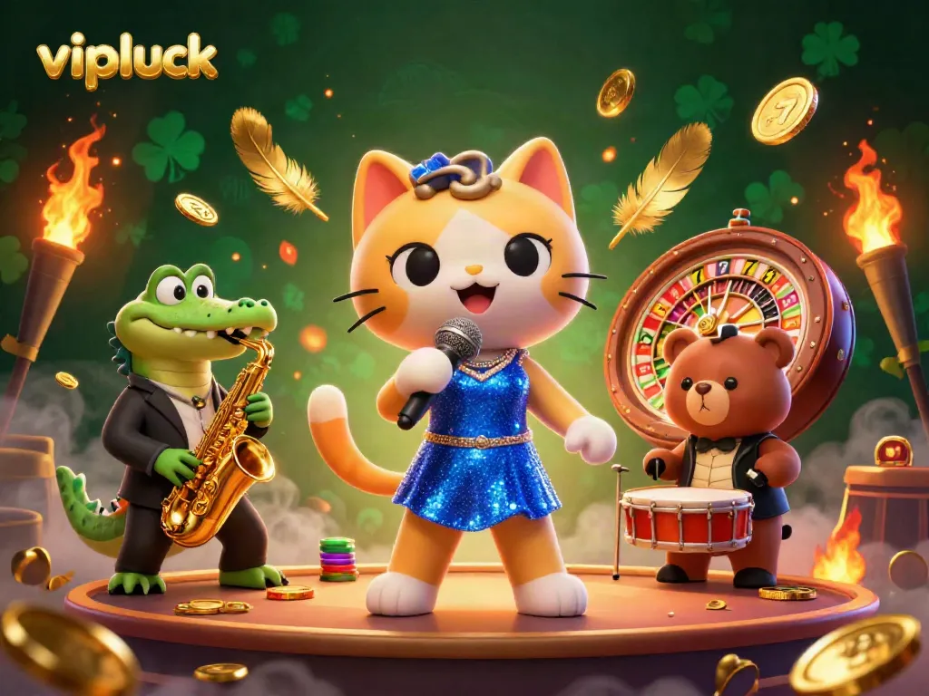 Engage in exciting gameplay at vipluck, featuring a lively casino scene with animated characters and slot elements.