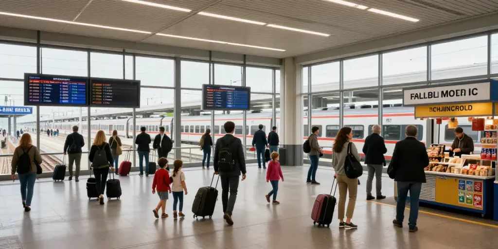 Zugticket buchen in belebtem Bahnhof mit Reisenden und digitalen Anzeigetafeln.