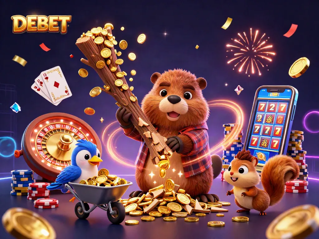 Engage in thrilling gameplay at DEBET with a vibrant scene of animated characters amidst cascading gold coins.
