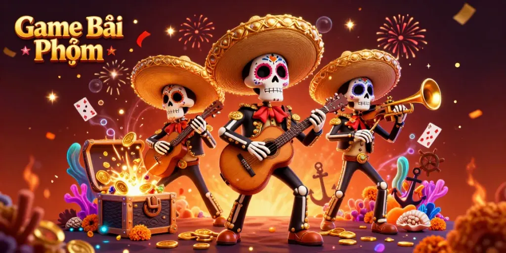 Experience thrilling Game Bài Phỏm action with vibrant Day of the Dead mariachi band in a casino scene.