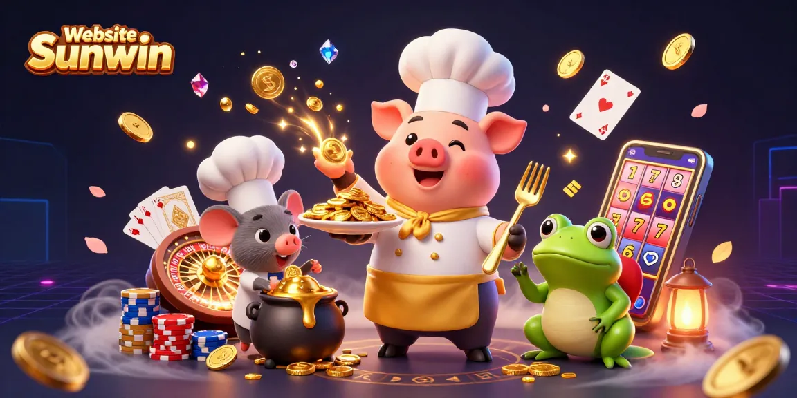 Win at Website Sunwin with a vibrant casino scene featuring gold coins, poker chips, and engaging characters.