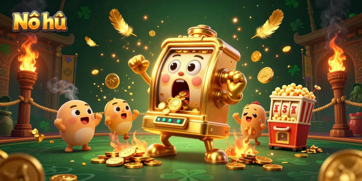 Nổ hũ jackpot celebration with golden slot machines and festive elements in a vibrant casino scene