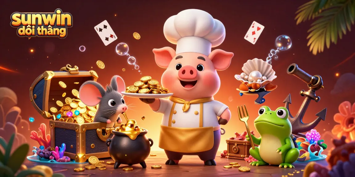 Engaging scene showcasing sunwin đổi thưởng with a chef pig, mouse, and frog amidst gold and gambling elements.